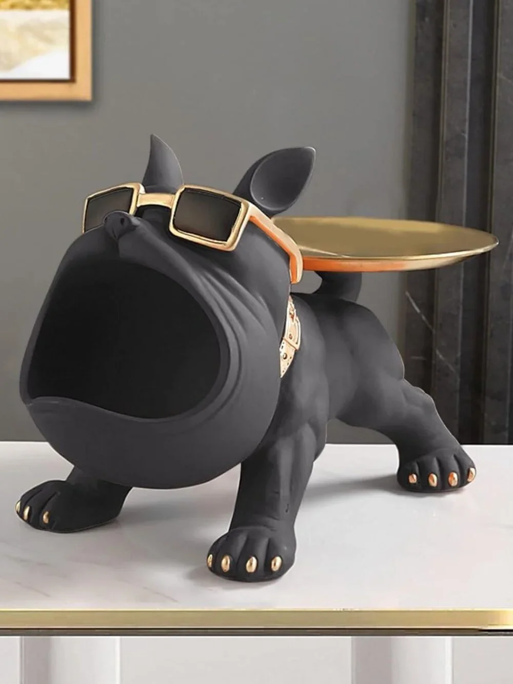 NWOT Black & Gold Resin Bulldog Statue with Accent Tray